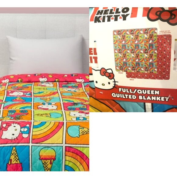 Hello Kitty Quilt Blanket Sanrio Full Queen Reversible 90 in. Skates Rainbows - Picture 1 of 2